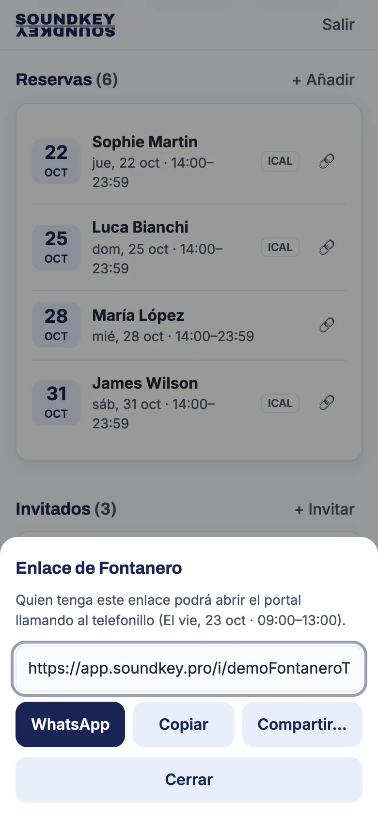Enviar el enlace de acceso a un invitado por WhatsApp desde la app de SoundKey
