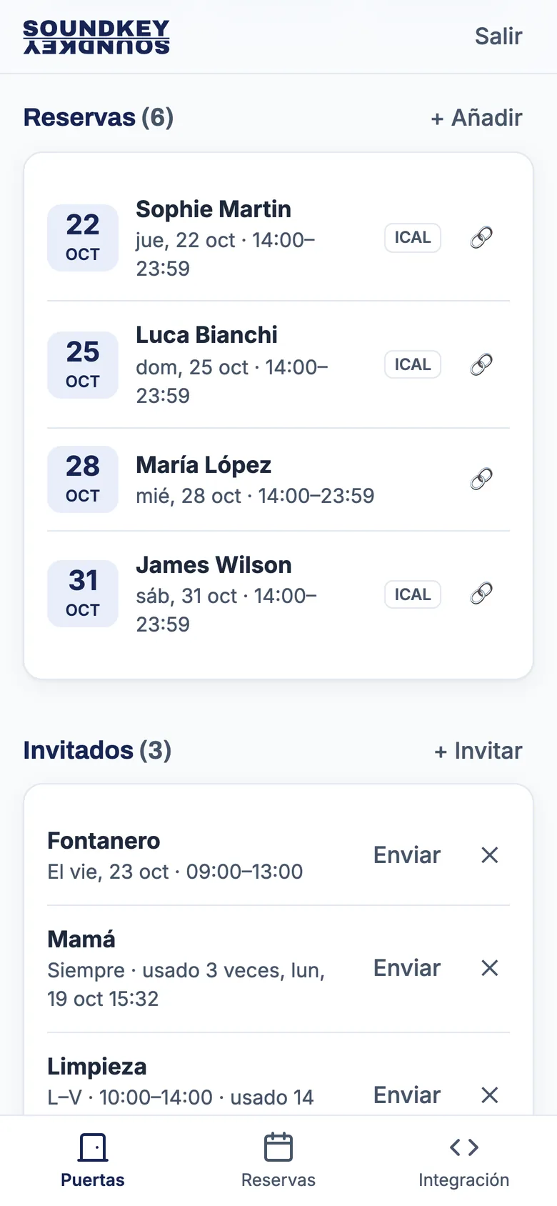 App de SoundKey: reservas importadas de Airbnb y Booking por iCal y lista de invitados con su enlace