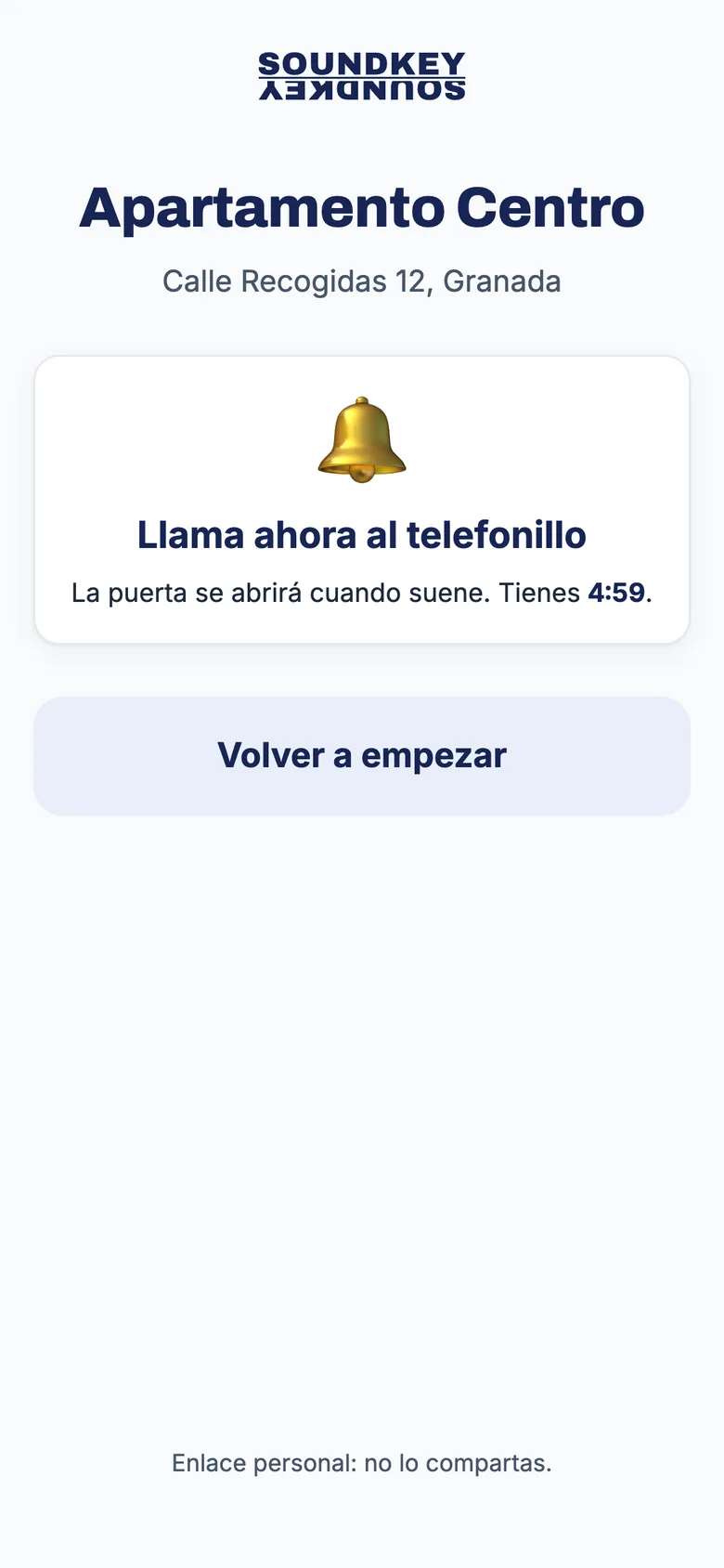 Página del huésped tras pulsar Voy a llamar: llama ahora al telefonillo, con cuenta atrás de 5 minutos