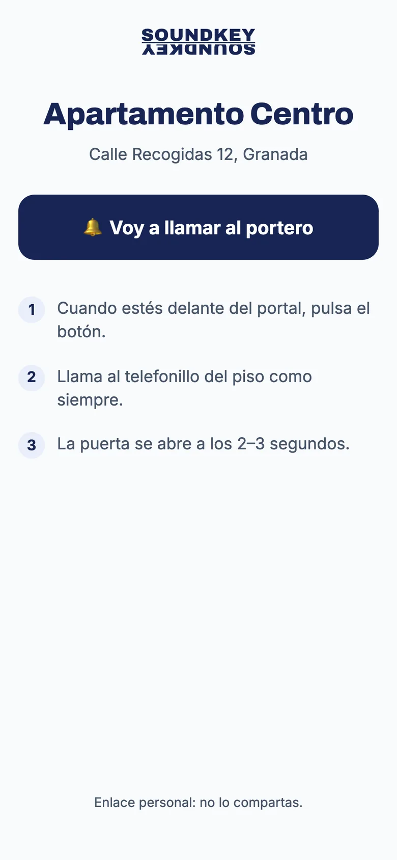 Página del invitado: botón Voy a llamar al portero y los tres pasos para entrar
